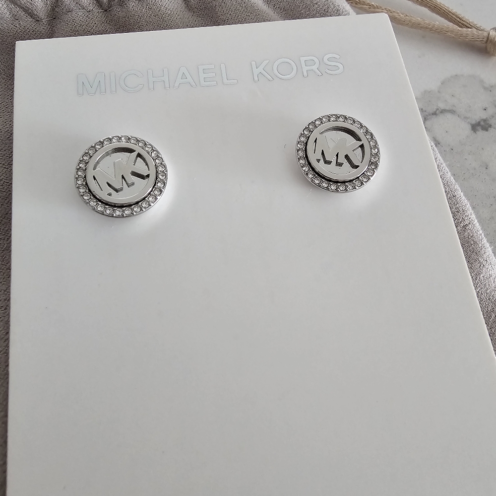 NWT Michael Kors Silver Tone Crystal Monogram Pave,Stud Round Earrings - Picture 3 of 4